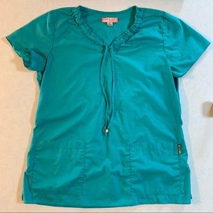 Scrub Top-L Koi Kathy Peterson Pleated Ruffle Neck